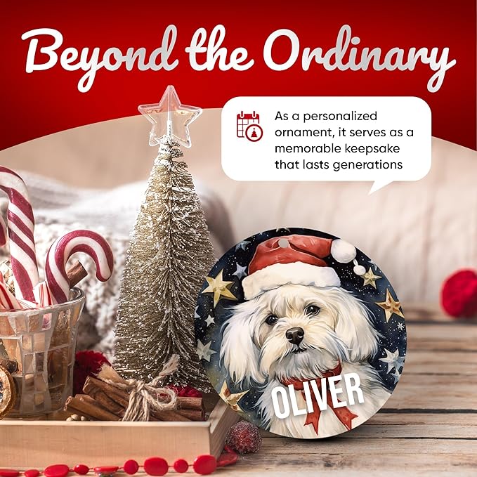 Maltese Personalized Dog Ornament - Pet Ornament for Christmas Tree - 3" Round Ceramic - Printed in USA - Choose from 200 Breeds - Dog Mom & Dad - Xmas Decoration DOG0140