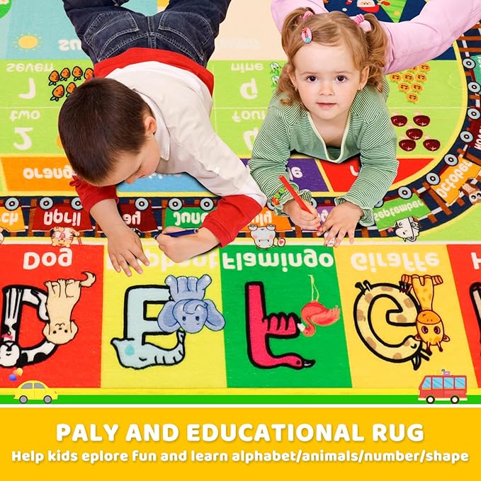 ABC Kids Rug for Playroom 59"×39.4" Baby Play Mat Alphabet Rug Animal Number Shape Classroom Rug Kids Playroom Rug Early Learning Carpet for Educational Learning & Game Area Preschool