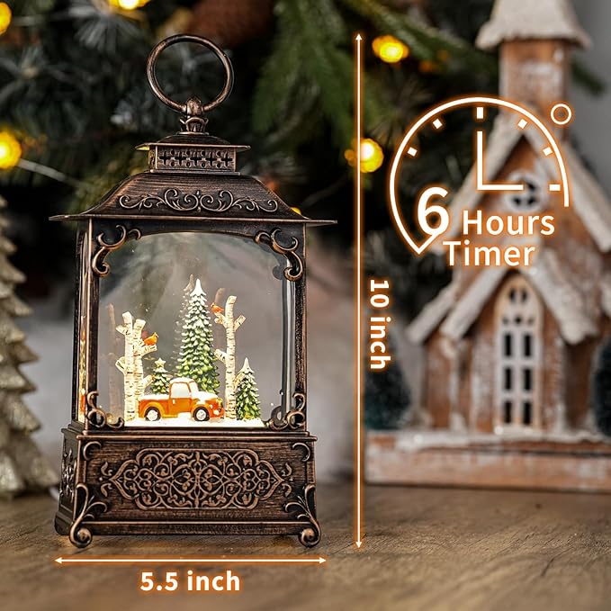 Christmas Snow Globes with Red Truck, Light Up Snow Globes with Music Timer - USB Plug or Battery Operated Glitter Globe Indoor Christmas Decorations