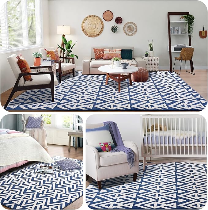 Ompaa Ultra Soft Shaggy Rugs Memory Foam Bedroom Carpet, Blue 7 x 10 Feet Large, Plush Geometric Textured Area Rugs for Living Room Couch Dorm Bedside Kids Girls Teens Room Nursery Decor Floor Mat