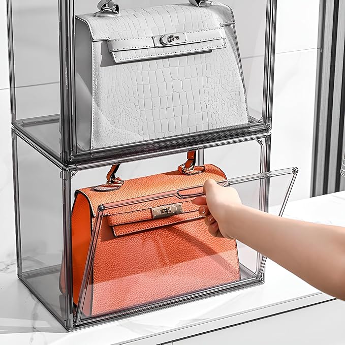 Clear Stackable Plastic Storage Bins with Magnetic Lid, Dustproof Book & Cosmetic Display Cases, Large Figures Collectibles Showcase, Shoe Box, Protection Organizer (Gray, L-3 Pack)