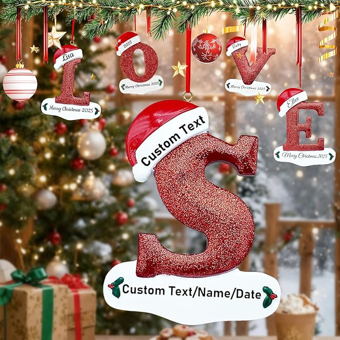 Personalized Letter Christmas Ornaments 2025, Custom Xmas Ornaments Decorations for Christmas Tree with Name 3D Resin Xmas Hanging Pendant Original Gifts for Family Friends (S)