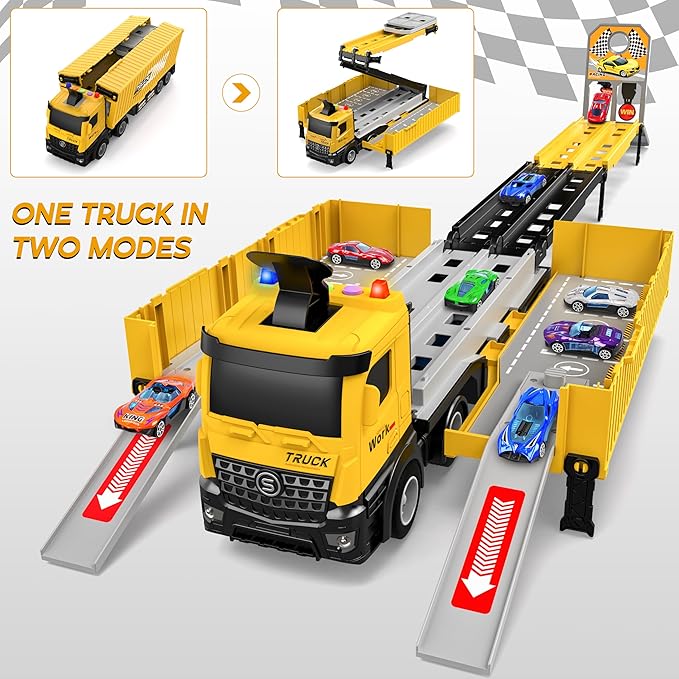 Carrier Truck Race Track Kids Toys, Foldable 3 Layer Toddler Track Playset, Toy Truck Transport Car Carrier & 8 Race Cars, Truck Car Toddlers Toys B-Day Gifts for Age 3 4 5 6+ Years Old Boys Girls