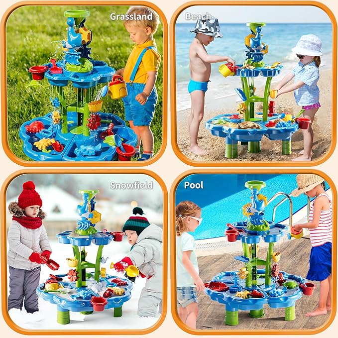 Water Table for Toddlers 3-5 4-8, 2-Tier 3 in 1 Kids Sand and Water Table, Summer Outdoor Beach Outside Backyard Activity Sensory Water and Sand Tables, Birthday Party Gift for Kids Boys and Girls