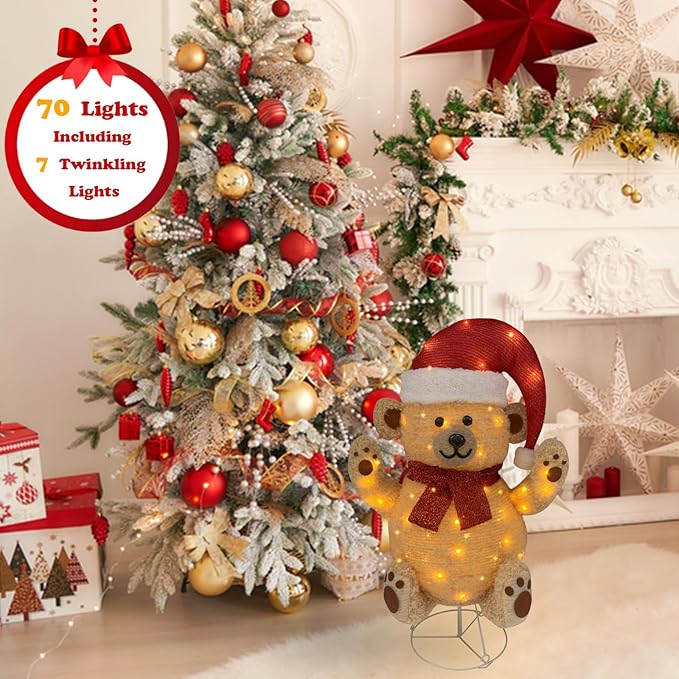 Lighted Christmas Bear Decorations, Pop-Up Bear Outdoor Yard Woodland Christmas Decor Prelit 70 Lights, Collapsible Lighted Bear Wears Santa Hat for Home Porch Yard Christmas Décor-Brown