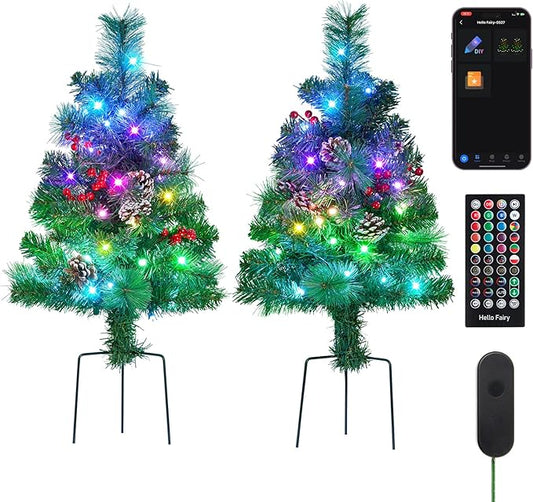 Outdoor Pathway Christmas Trees, 2-Pack 30 Inch RGB Color Changing Pre-Lit Smart Artificial Pine Tree with Cones, Remote&App Control, Outdoor Christmas Decorations for Porch Yard Walkway