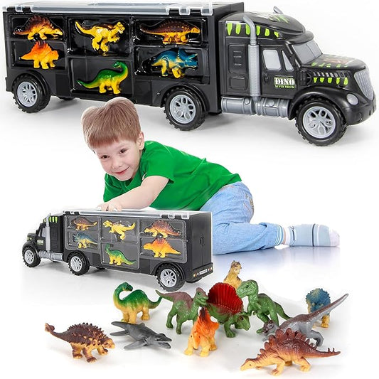 MOBIUS Toys Dinosaur Truck Carrier – Large Transport Truck with 12 Realistic Dino Figures for Kids Ages 3–7 – Durable BPA-Free Dinosaur Storage Toy Set for Indoor & Outdoor Play, Gift Box