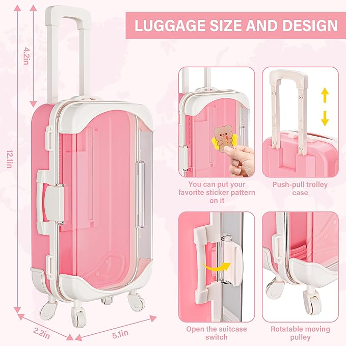 Doll Suitcase Travel Set, 18 inch Doll Clothes and Accessories - 26 Pcs Travel Pillow, Unicorn Bag, Sunglasses, Camera, Computer, Phone, Passport, Birthday Gift for Age 3 4 5 6 Year Old Girls