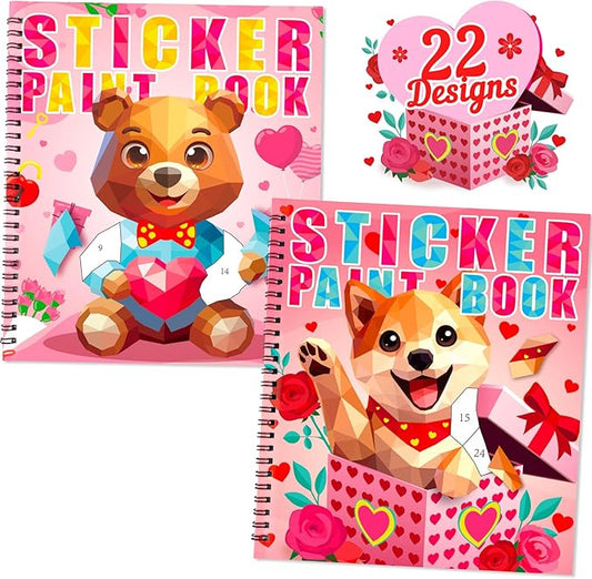 90shine 2PCS Valentines Crafts for Kids Sticker Books - Valentines Gifts Ages 4-8 Bear Dog Themed Design Create 22 Pictures