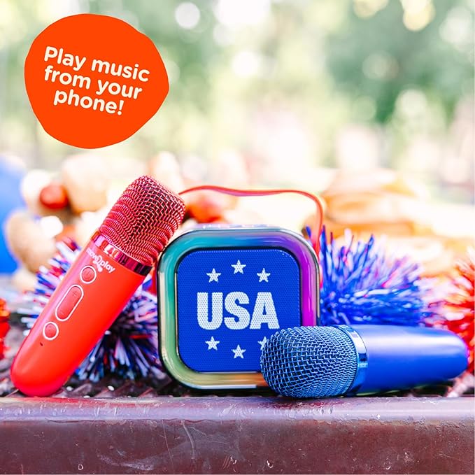 Move2Play, USA Karaoke Machine for Kids | Includes 20+ American Songs | 2 Microphones | Connect with Bluetooth for 3, 4, 5, 6, 7+ Year Olds | Toy for Girls & Boys | Super Bowl