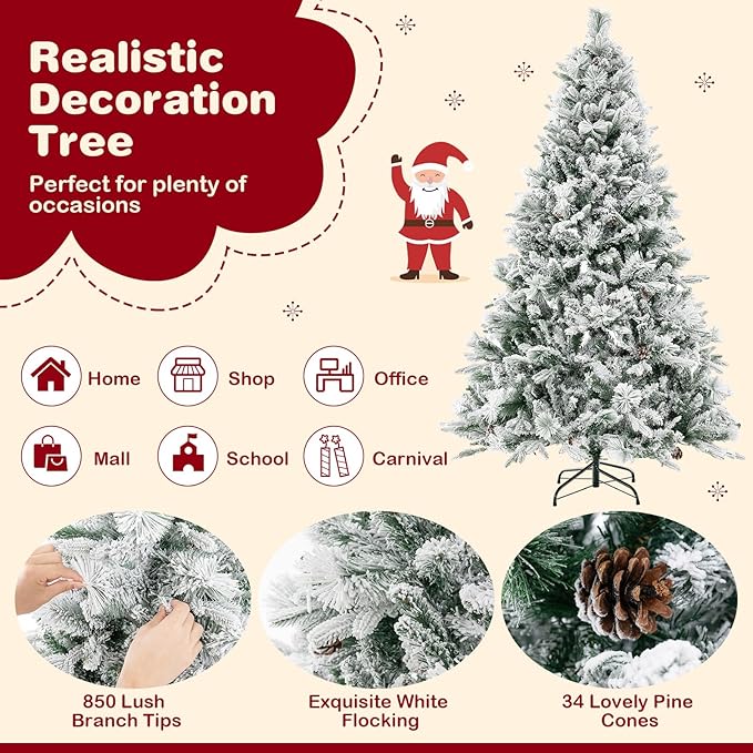 GOFLAME 6 FT Artificial Christmas Tree with Pine Needles, Snow Flocked Xmas Tree with 850 PE & PVC Branch Tips, 240 LED Lights & 34 Pine Cones, Hinged Decoration Tree with 8 Lighting Modes