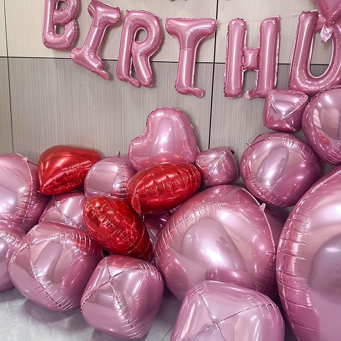 Pink Birthday Decorations with 16pcs Large 4D Foil Balloons in Different Size (10-50 Inch) + 6pcs 18" Heart Balloons + 16” Happy Birthday Banner for Indoor Outdoor Party Decorations (Pink)