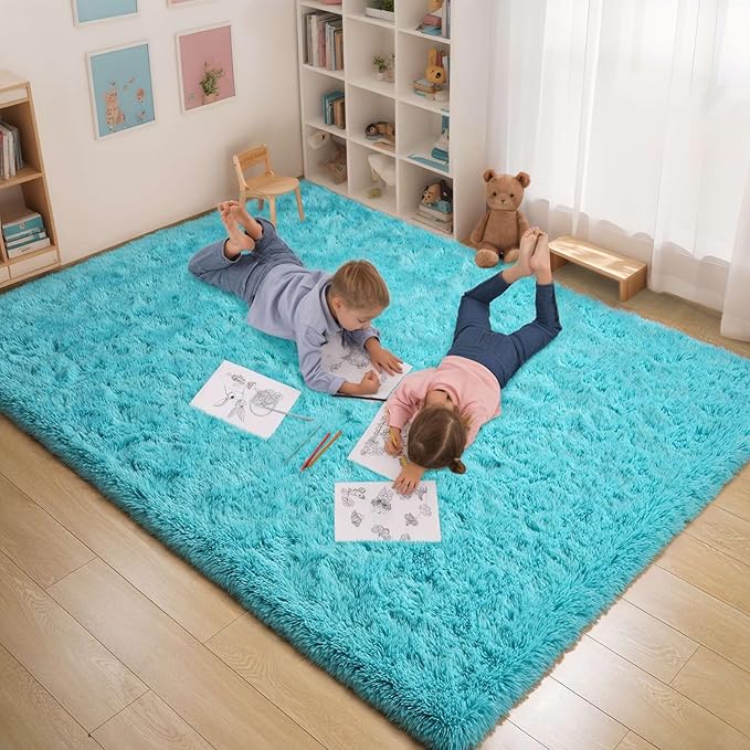 6x9 Fluffy Soft Teal Blue Rug for Living Room Bedroom, Large Area Rugs Super Soft Shaggy Carpet for Classroom Kids Babys Playroom Toddler Nursery Dorm Home Decor, Modern Indoor Non Slip Rug
