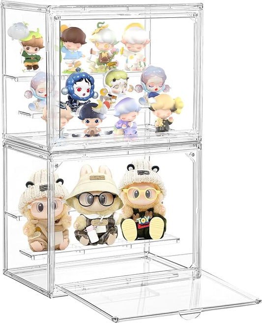 Acrylic Display Case,3 Layer Clear Display Case Adjustable Display Box Stand with 2 Movable Dividers 2 Pack Small Showcase Magnetic Door for Collections Mini Figures