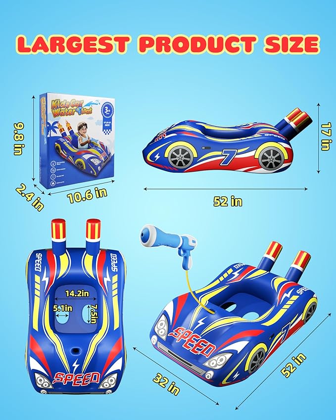 JOSEN Pool Floats Kids with Water Gun, Inflatable Ride-on Car Funny Pool Floats for Kids Ages 3-8, Toddler Pool Float, Summer Outdoor Lake Beach Party Pool Toys for Boys Girls