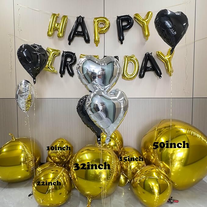 Gold Birthday Decorations with 16pcs Large 4D Foil Balloons in 10-50 Inch + 6pcs 18" Gold Silver Heart Balloons + 16” Happy Birthday Banner for Indoor Outdoor Party Decorations (Gold)
