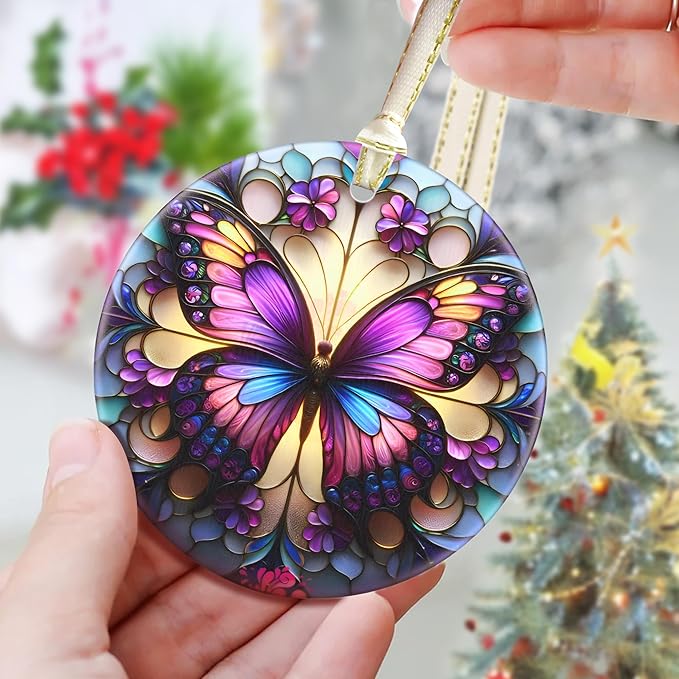 3.5 Inch Ceramic Christmas Tree Ornament, Butterfly Christmas Ornaments, Heirloom Keepsake, Gift Exchange, Gift Idea, Bauble Present