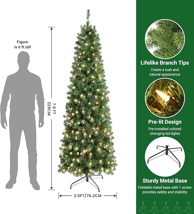 SHareconn 7.5 ft Prelit Artificial Hinged Slim Pencil Christmas Tree with Warm White Lights, Full Branch Tips, Good Choice Decoration for Xmas Holiday, 7.5 FT, Green