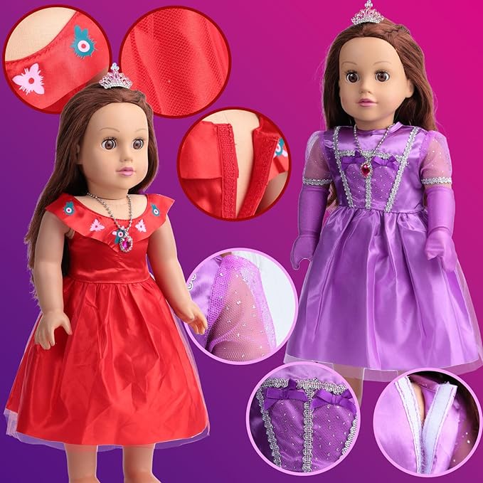 18-Inch Doll Clothes and Accessories – 6-Pack Princess Dress Set for 18” Dolls, Includes Crowns, Necklaces, Gloves & Headbands, Fits American 18 Inch Girl Dolls