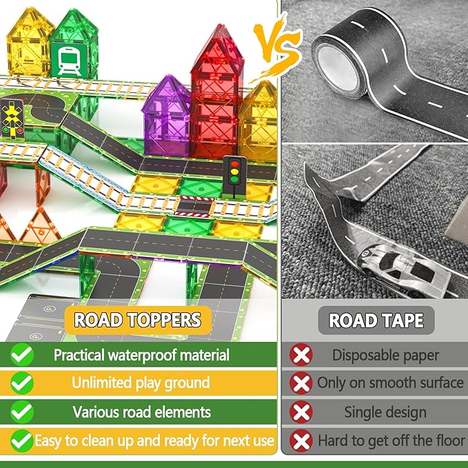 90PCS Magnetic Tile Road Toppers (Magnetic Tiles NOT Included) Kids Toys Magnetic Tile Accessories Creative Add-on Activity City Traffic Network Playset Sensory Play Toy Gifts for Kids Age 3 4 5 6 7