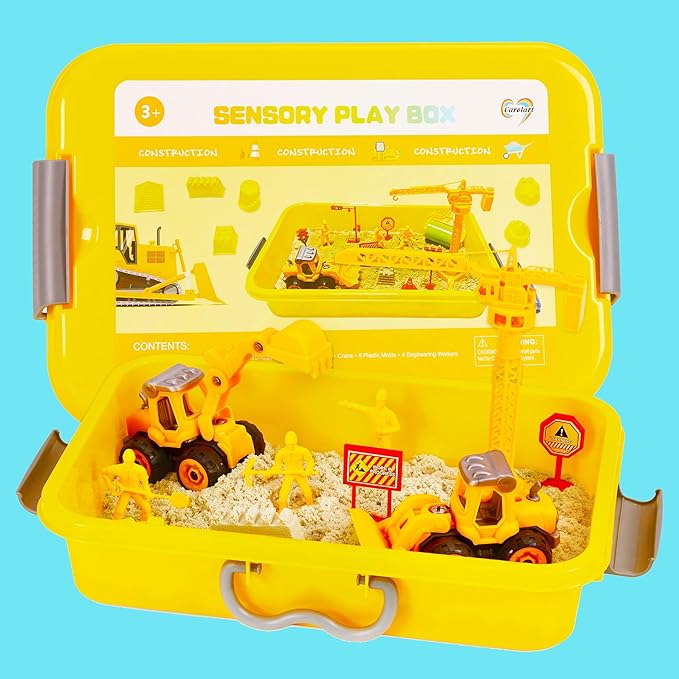 Construction Sensory Bin, Tractor Sand Playset Construction Sandbox with Toy Truck Play Sand and Signs, Sand Art Kit for Kids Ages 3 and up