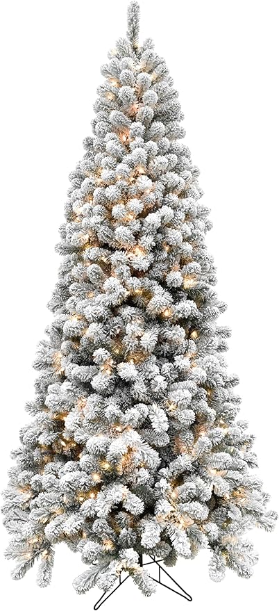 Fraser Hill Farm 6.5-Ft. Alaskan Pine Flocked Artificial Christmas Tree with Warm White LED Lights and Stand, Prelit Foldable Fake Tree with Realistic Snowy Foliage for Home Decoration