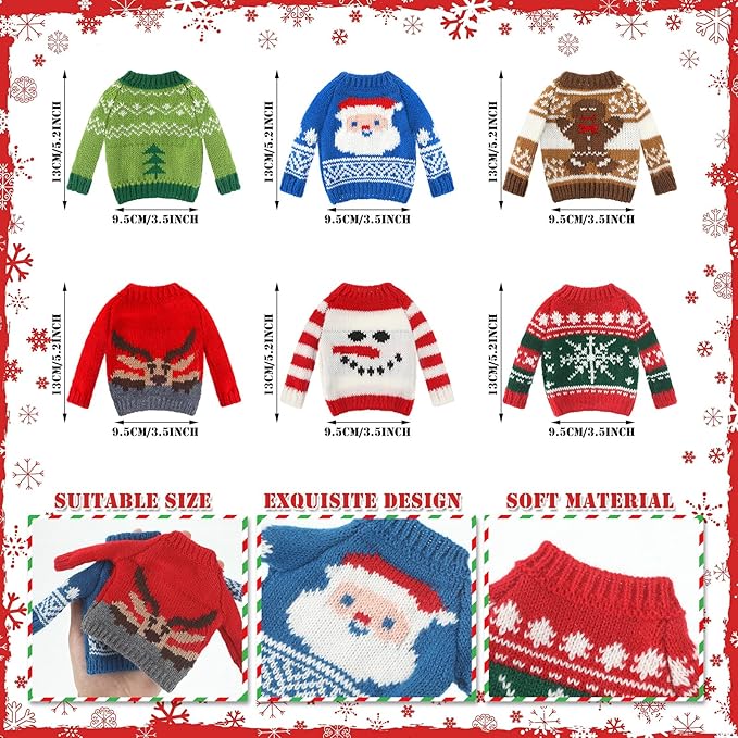 6 Pcs Christmas Doll Clothes Accessories Sweater Set Winter Christmas Doll Outfits Snowflake Snowman Print Knitted Clothing for Decor