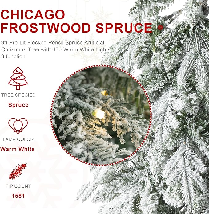 Glitzhome 9ft Prelit Christmas Tree, Artificial Christmas Tree with 470 Warm White Lights, Flocked Pencil Christmas Tree Chicago Frostwood Spruce w/1581 PE&PVC Branch Tips and Sturdy Metal Stand
