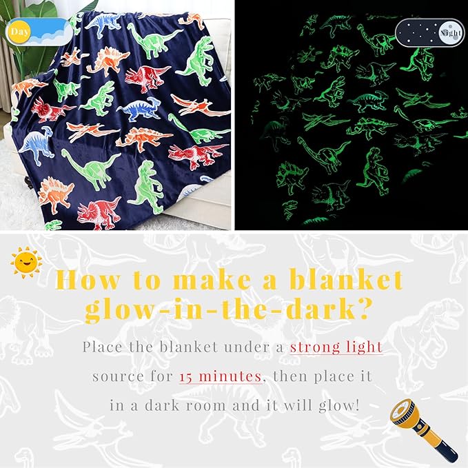 Dinosaur Gifts Toys for Kids Boys - Glow in The Dark Dino Blanket Birthday Gifts for Boys Age 3 4 5 6 7 8 9 10 Year Old Child Teen Toddler Dinosaur Room Decor 50"x60"