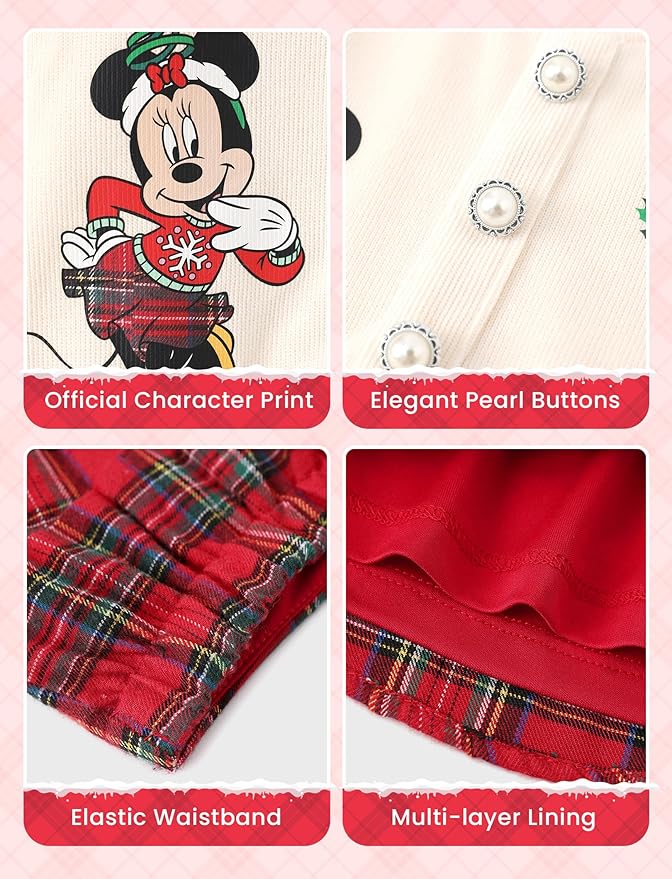 Disney Frozen Elsa Stitch Princess Moana Minnie Toddler Girl 2 Piece Outfit Kid Pearl Button Knit Top & Tweed Skirt Set 2-13Y