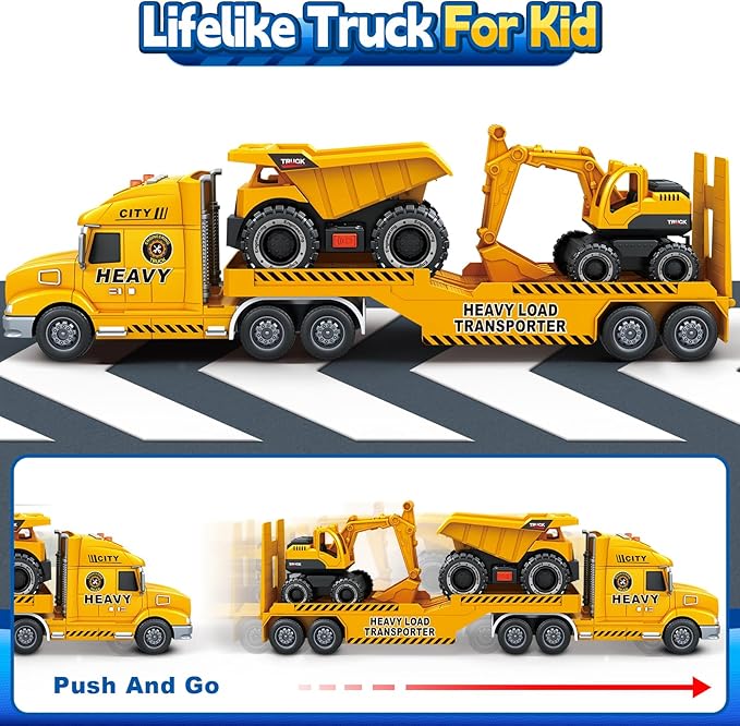 SpringFlower 3 4 5 6 Toddler Boy Toys, 25" Construction Carrier Truck Vehicle Car, Boys Car Toys with Excavator and Dump Truck, Birthday Gifts for Kids 3 4 5 6 Years Old