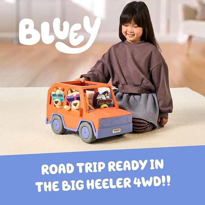 Bluey Big Heeler 4WD and Family Toddler Toy Car, Bingo and Chilli Plush Buddies, Opening Hood Storage, Car Toys for Kids 3+, Amazon Exclusive