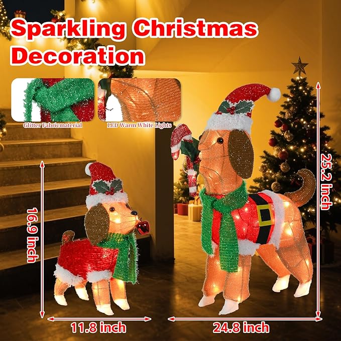 VCUTEKA 2FT Lighted Outdoor Christmas Beagle Decoration, Adorable Dog Set with LED Lights, Glittered Holiday Display for Lawn, Garden, Yard or Home Christmas Décor