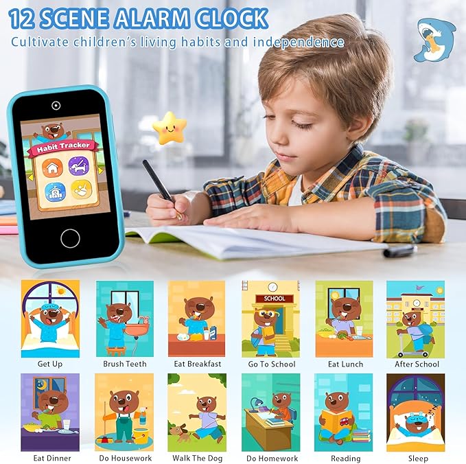 Kids Smart Phone, Shark Toys Phone for Boys 3-12 , Dual Camera, 2.8'' Touchscreen Kid Phones, Educational Toy for Toddler Kids Christmas Birthday Gifts, ABC Learning, Habit Tracker 32 GB Card Blue