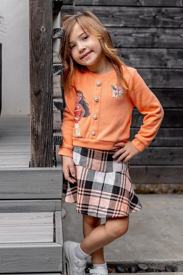 Disney Frozen Elsa Stitch Princess Moana Minnie Toddler Girl 2 Piece Outfit Kid Pearl Button Knit Top & Tweed Skirt Set 2-13Y