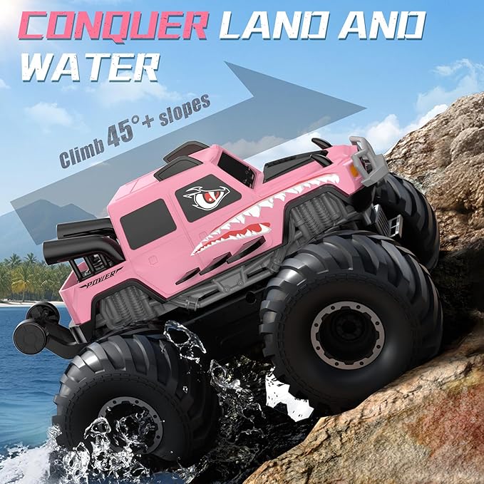 NQD® Monster Truck Toys, Waterproof 360°Rotate 4x4 RC Truck, Amphibious Remote Control Monster Trucks, 2.4GHz All Terrain Off-Road Pickup Toy RC Car for Gifts for Boys Kids Age 6 7 8 9 10 11 12+,Pink