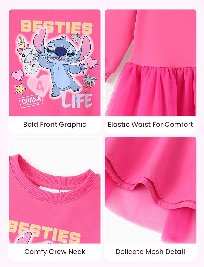 Disney Stitch Minnie Elsa Princess Sweatshirt Dress Toddler Girl Sequin Long Sleeve Pullover Clothes Fall Outfit 2-9 Years