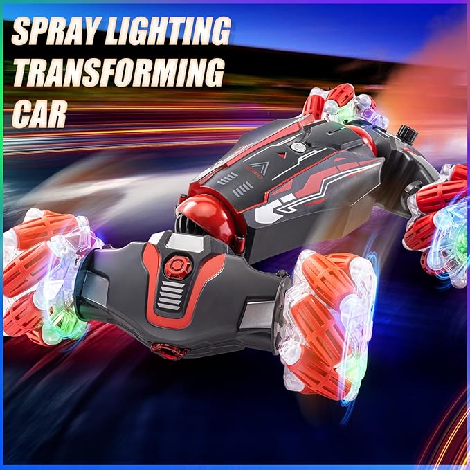 4WD Stunt Car, 2.4 GHz Gesture Sensor RC Cars, Double-Sided Vehicle 360° Flip RC Twist Buggy with Music Spray - Best Christmas and Birthday Present for Boys and Girls Aged 6-12 (Red)
