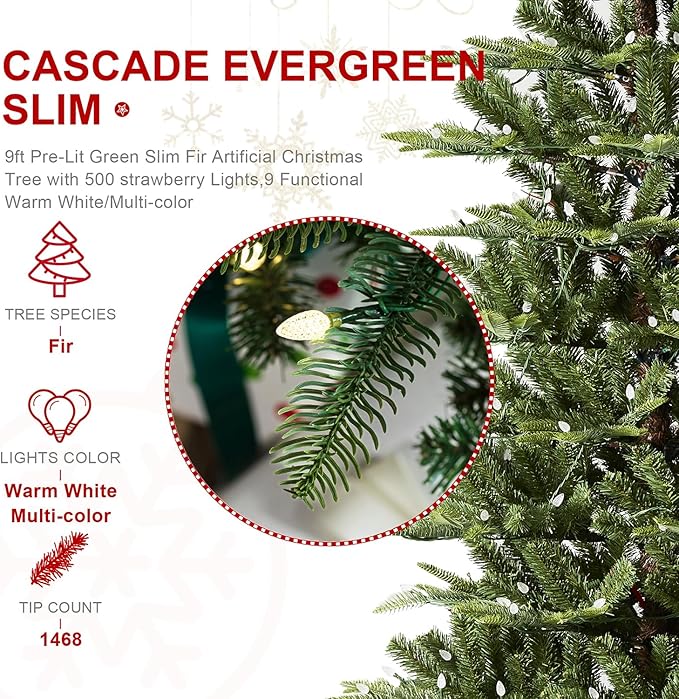 Glitzhome 9ft Prelit Christmas Tree, Cascade Evergreen Slim Fir Artificial Christmas Tree with 500 Strawberry Lights,1468 PE&PVC Branch Tips, 9 Functional Warm White/Multi-Color, Remote Controller