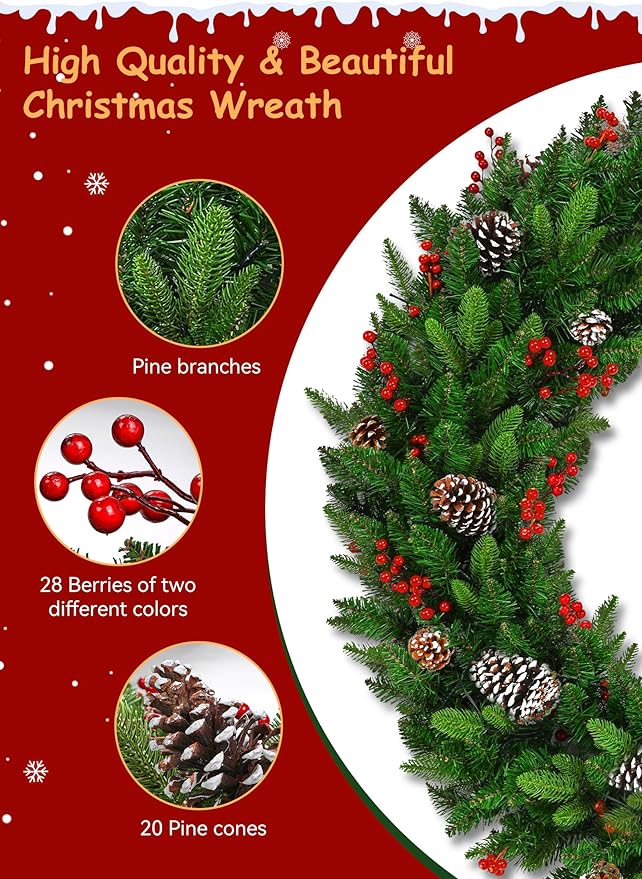 Brightown 48 Inch Large Pre-Lit Artificial Christmas Wreath,Outdoor Christmas Decorations with 200 LED Lights, Pine Cones & Berry Clusters,Outdoor Christmas Wreath for Door Wall Windows,Plug-in