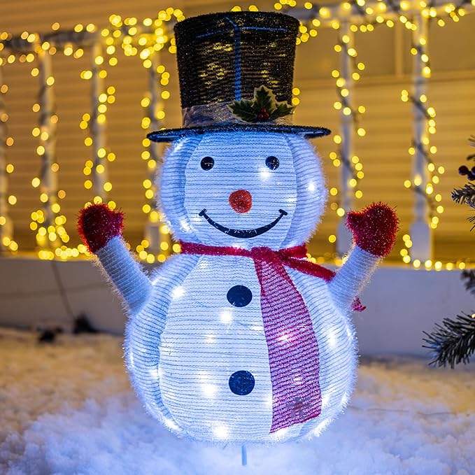 Dazzle Bright Christmas Snowman Decorations, 3FT Pre-Lit 48 LED Lighted Collapsible Snowman with Black Hat, Pop Up Snowman with Metal Stand for Indoor Outdoor Xmas Garden Yard Home Party Decor