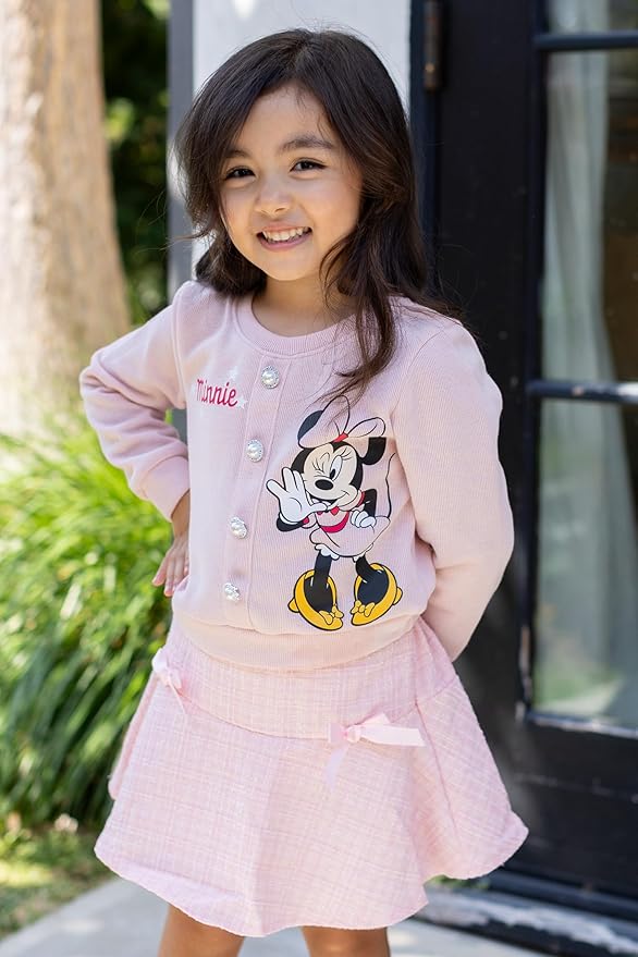 Disney Frozen Elsa Stitch Princess Moana Minnie Toddler Girl 2 Piece Outfit Kid Pearl Button Knit Top & Tweed Skirt Set 2-13Y