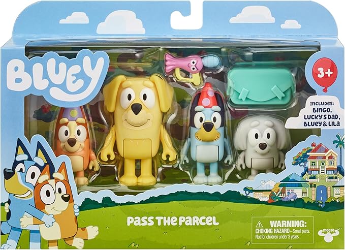 Bluey Figure 4-Pack, Pass The Parcel 2.5-3 inch, Bingo, Lucky's Dad and Lila Character Figures with Accessories