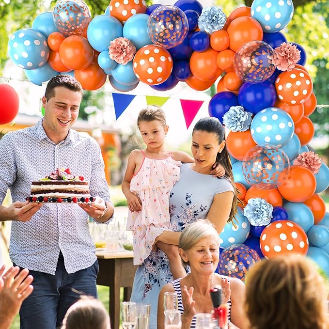 Paready Blue and Orange Balloon Arch Kit, 113Pcs Royal Blue Balloon Garland Light Blue and Orange Polka Dot Party Balloons Confetti Balloons for Birthday Party Baby Shower Wedding