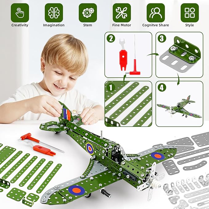 Model Airplane, Erector Set 1:32 Scale Airplane Model Metal Toys, STEM Projects for Kids Ages 8-12, DIY Education Airplane Metal Model Kits