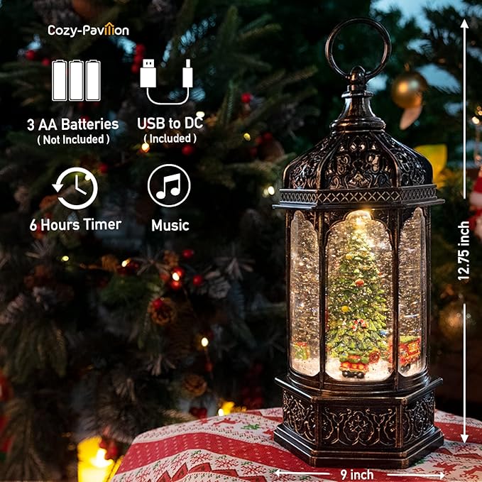 Musical Christmas Tree Snow Globe with Timer, Decorative Trains Rotate with Music, Christmas Ornaments Music Box for Friends, Women, Adults, 12.7''