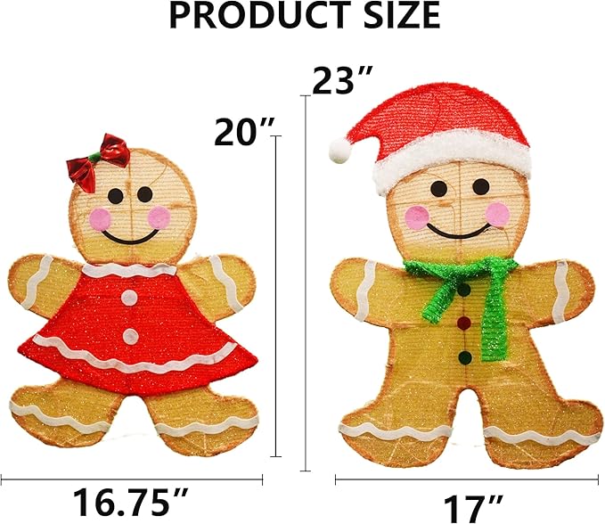 Dazzle Bright Christmas Outdoor Decorations Yard, 2-Piece Lighted 2D Gingerbread Man with 50 L, 23 Inch Pre-Lit Light Up Gingerbread Man, Xmas Festive Holiday Front Garden Patio Yard Lawn Display