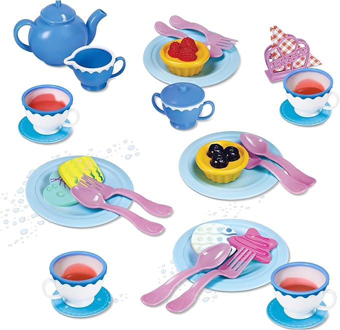 Kidzlane Play Tea Set for Little Girls - Kids Party With Water Activated Color Changing Cups and Cookies - 34 Piece Toy for Girls - Dishwasher Safe Plastic