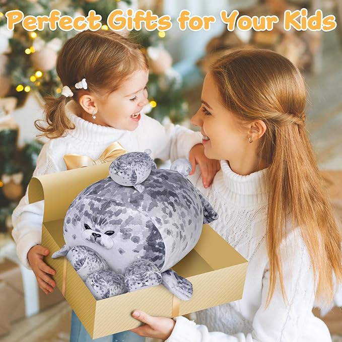 KMUYSL Toys for Ages 0 1 2 3 4 5 6 7 8+ Years - Plush Mommy Stuffed Animal with 4 Babies in Her Tummy, Soft Plush Toys Set, Christmas Birthday Gifts for Girls Boys Baby, Toddler, Kids (Seal Toys)