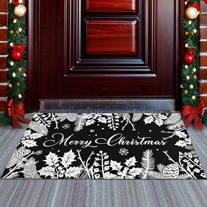 Black Christmas Doormat Outdoor Entrance Non-Slip Holly Pine Branches Pinecones Front Door Mat Merry Xmas Decor Washable Winter Welcome Doormat 17"x30" Christmas Decorations for Home Indoor Outdoor